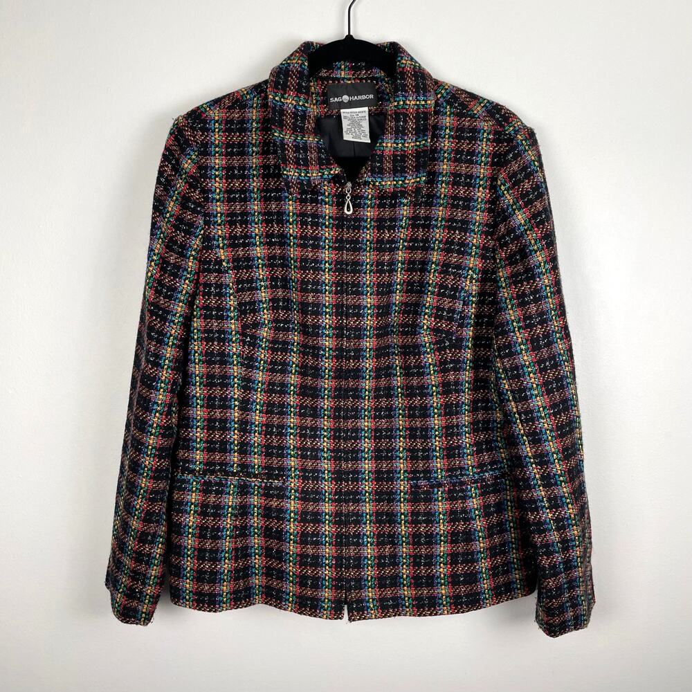 90s Vintage Sag Harbor Rainbow Metallic Plaid Tweed Jacket Size 14 Zip Up Blazer